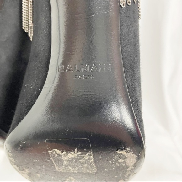 Balmain Mercy Suede Chain Fringe Pointed Toe Stiletto Heeled Ankle Boots Black - Picture 12 of 14